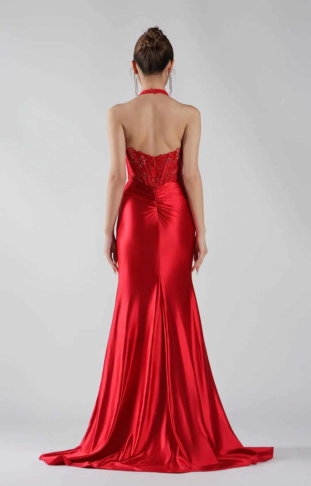 Embroidered Halter Corset Split Dress with Train