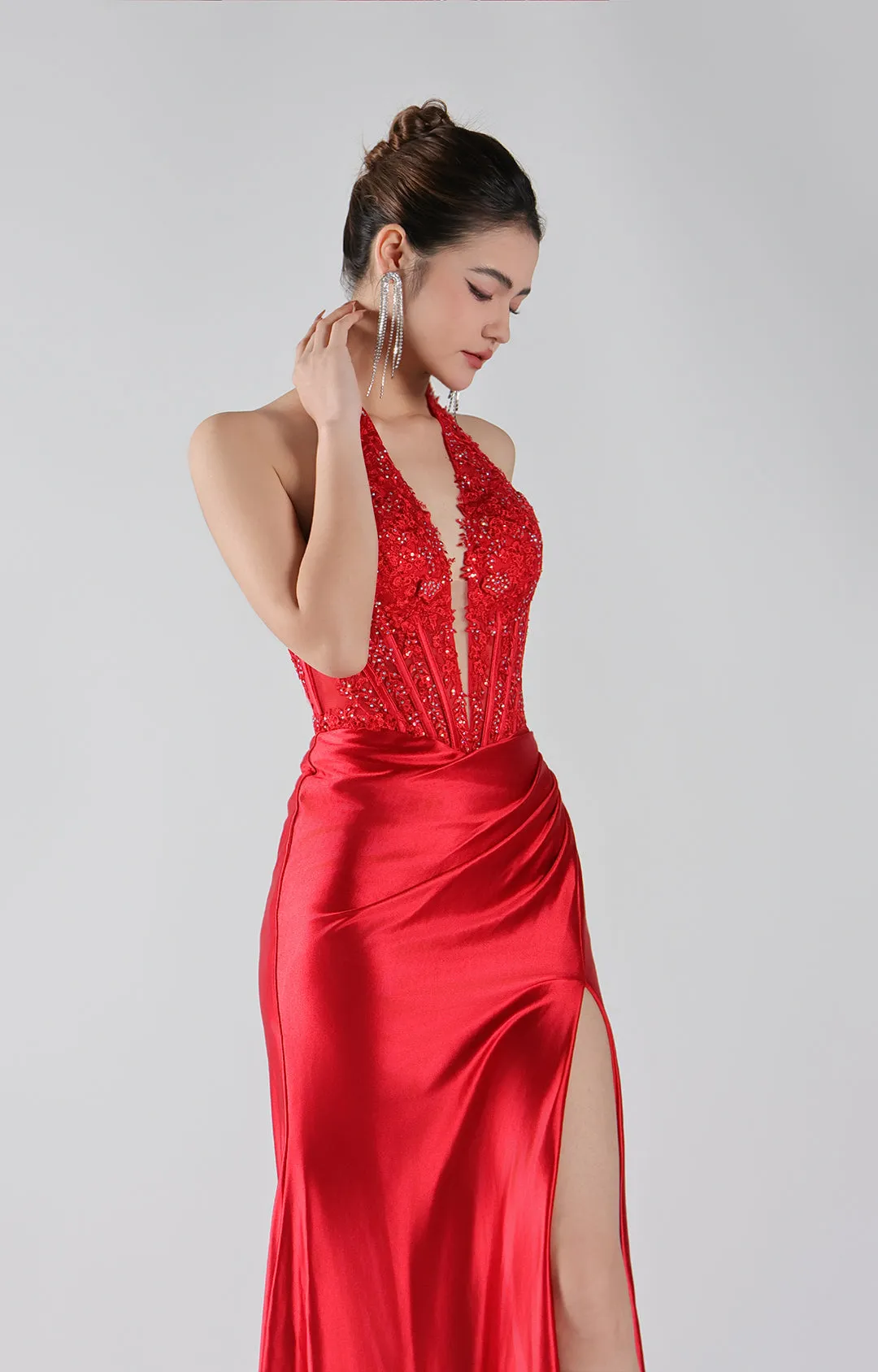 Embroidered Halter Corset Split Dress with Train