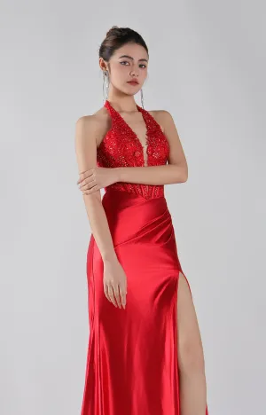 Embroidered Halter Corset Split Dress with Train