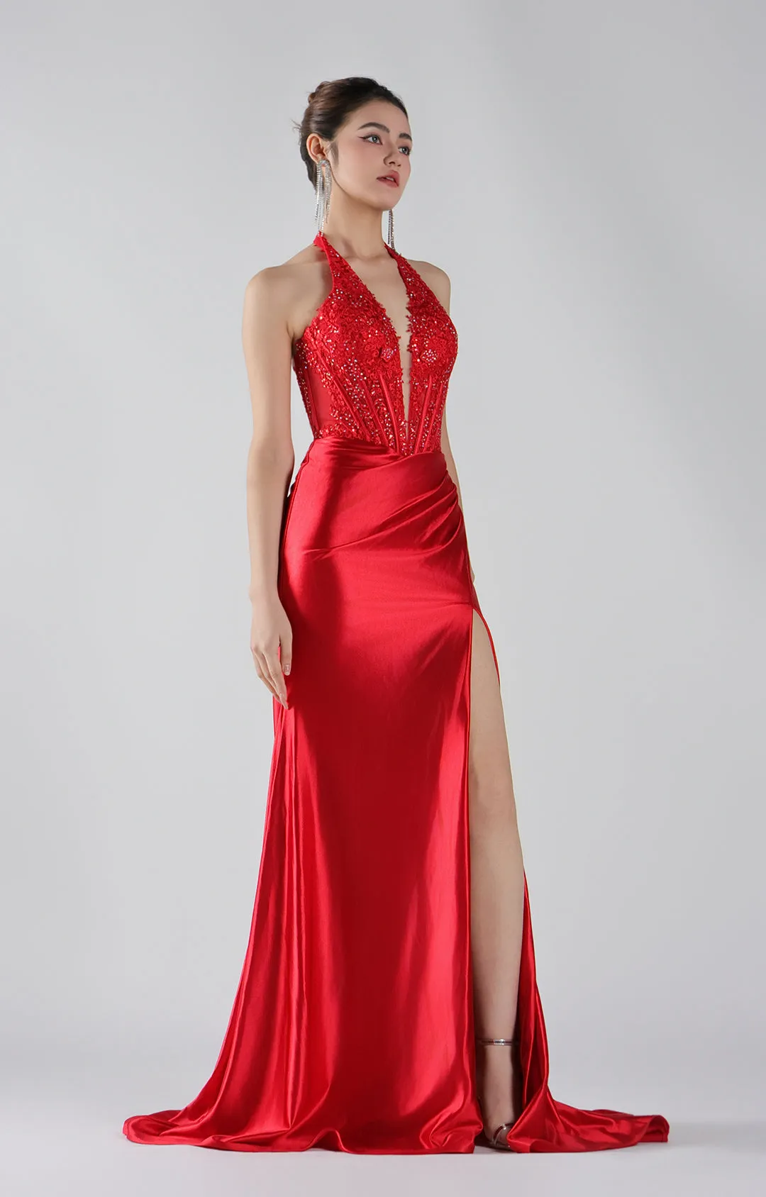 Embroidered Halter Corset Split Dress with Train