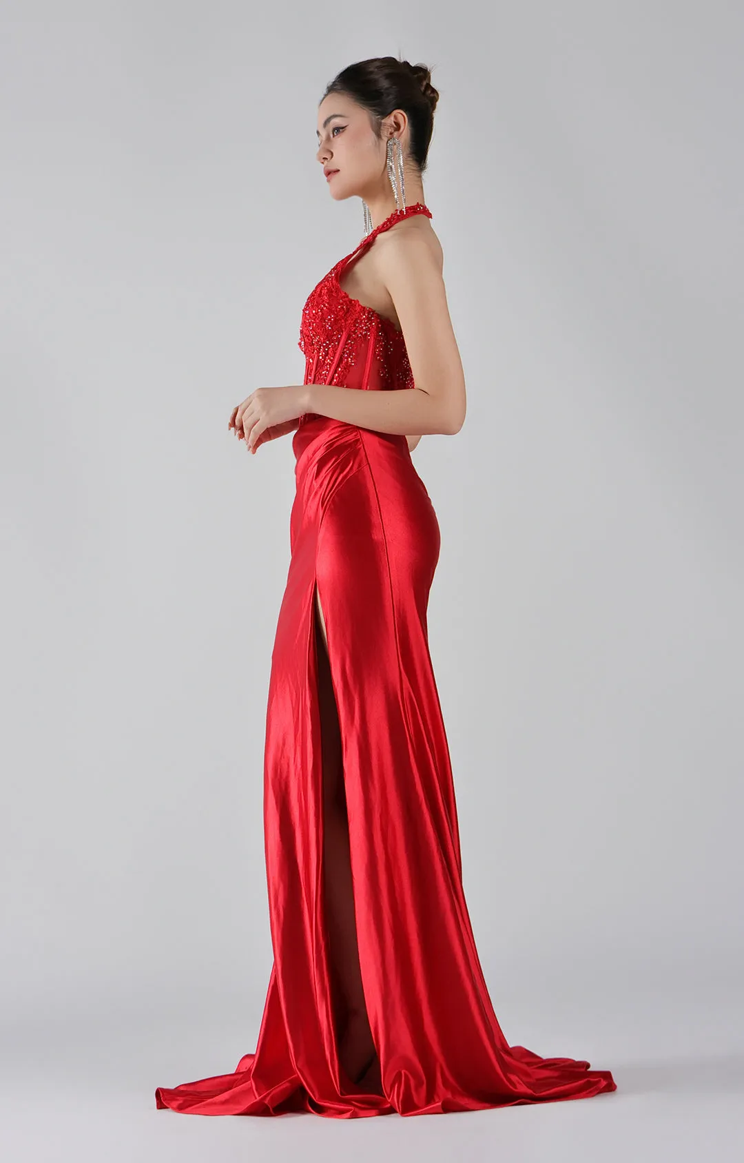 Embroidered Halter Corset Split Dress with Train
