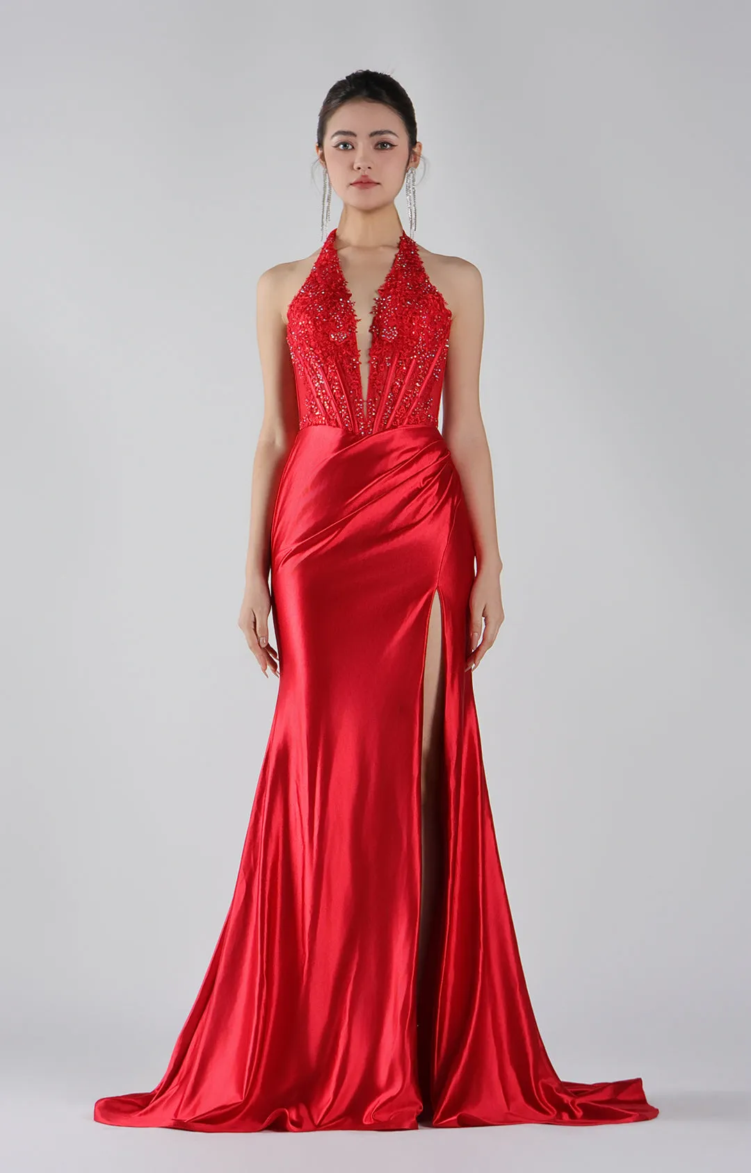 Embroidered Halter Corset Split Dress with Train