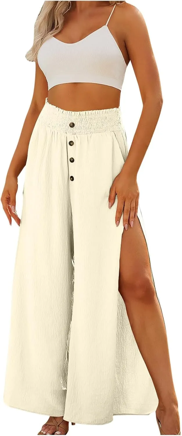 Firzero Wide Leg Pants for Women Casual Summer Elastic High Waist Palazzo Pants Flowy Botton Side Slit Trousers