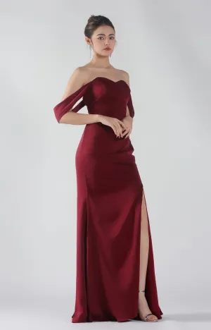 Heart Collar Drop Shoulder Pleats Side Split Maxi Dress