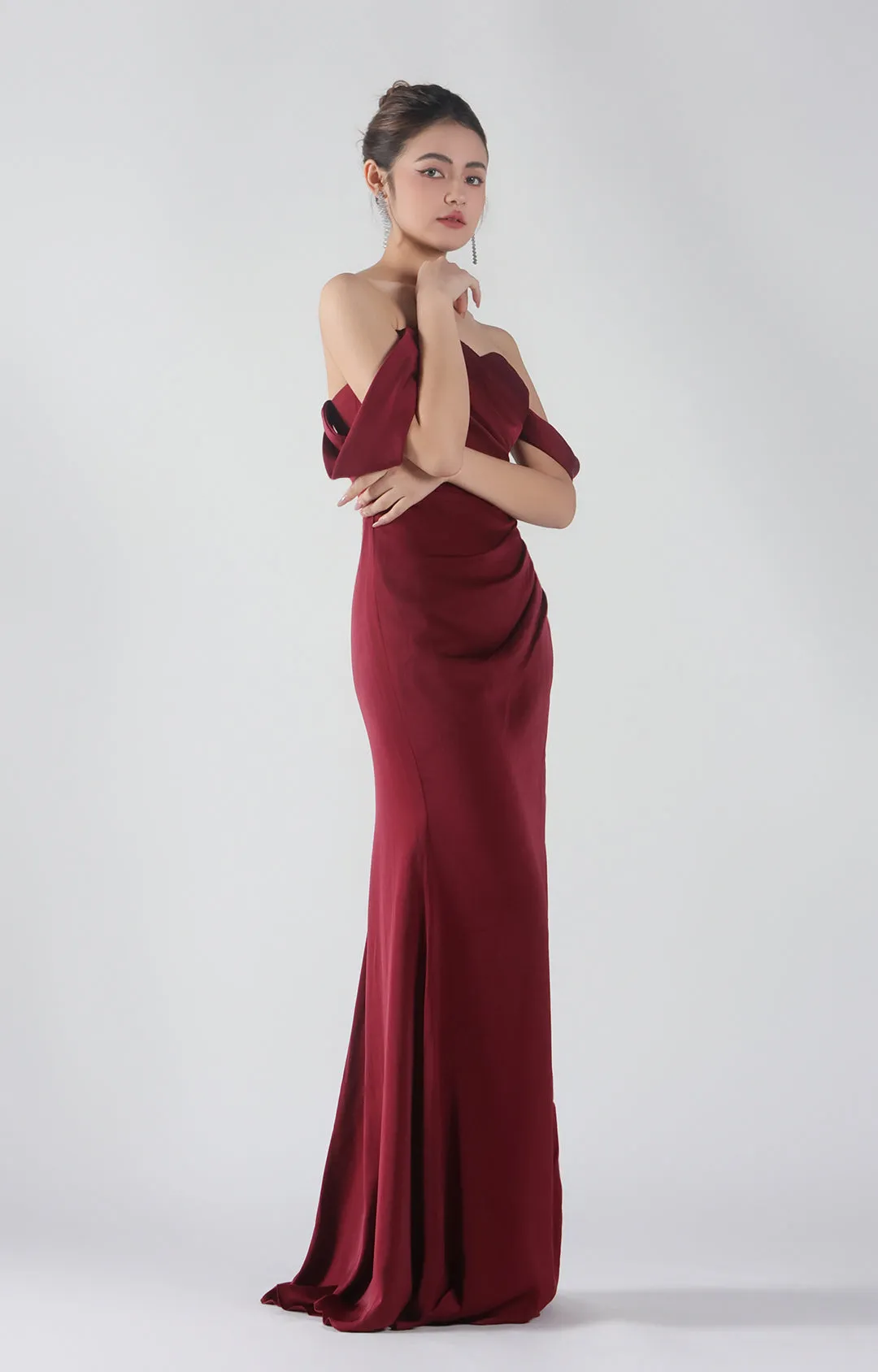 Heart Collar Drop Shoulder Pleats Side Split Maxi Dress