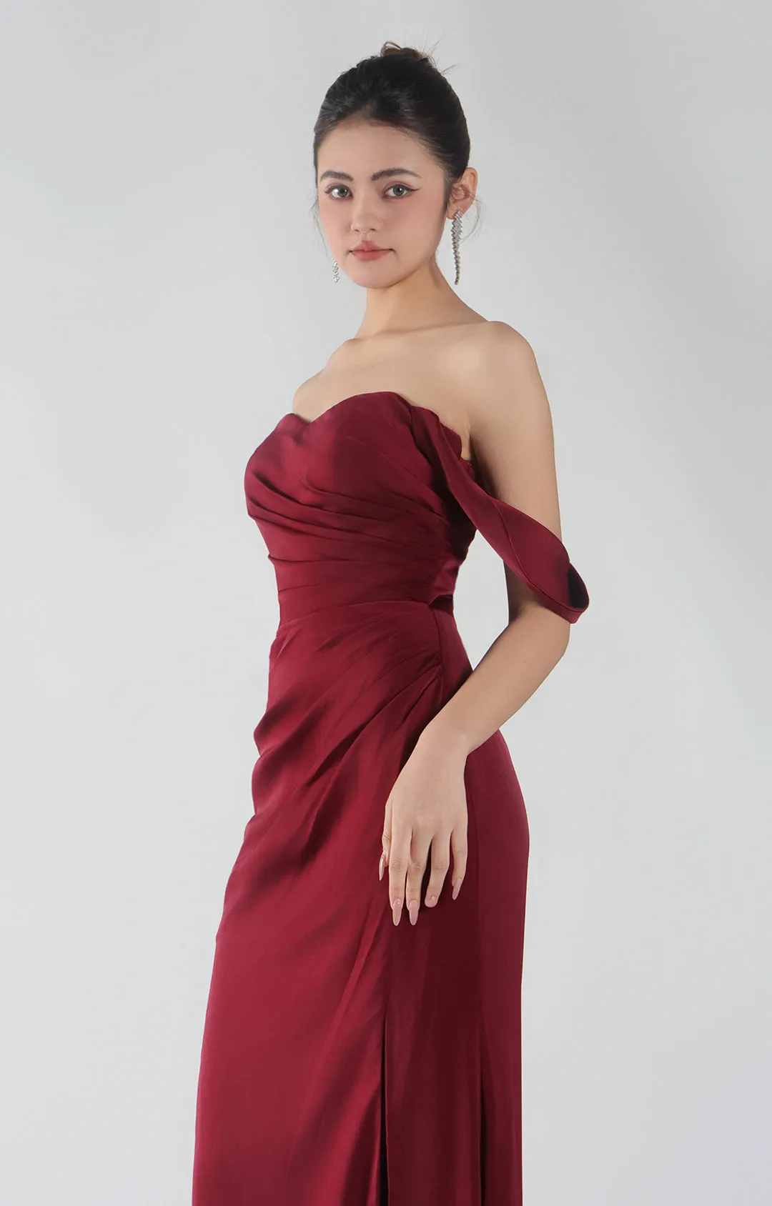 Heart Collar Drop Shoulder Pleats Side Split Maxi Dress