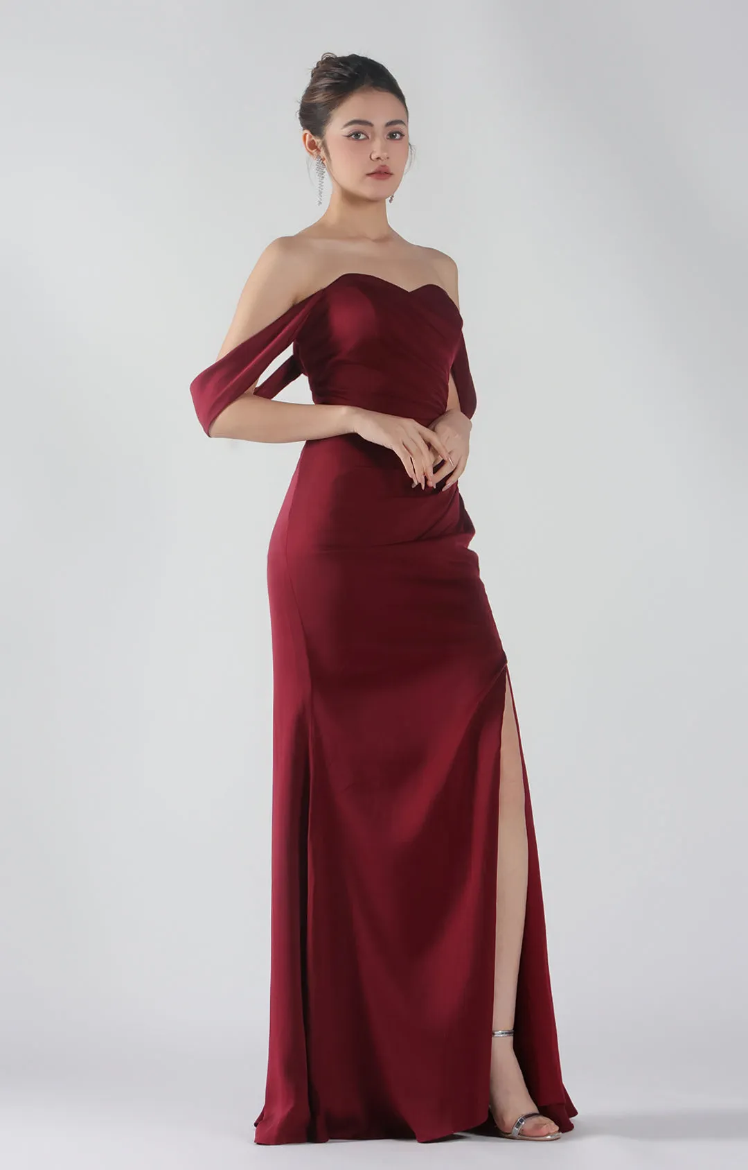 Heart Collar Drop Shoulder Pleats Side Split Maxi Dress