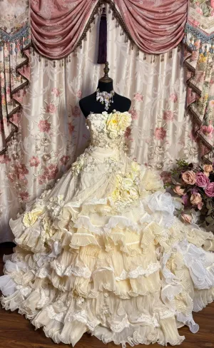 Ivory Strapless A-Line Appliques Ruffles Birthday Ball Gowns Formal Evening Gowns, D1119