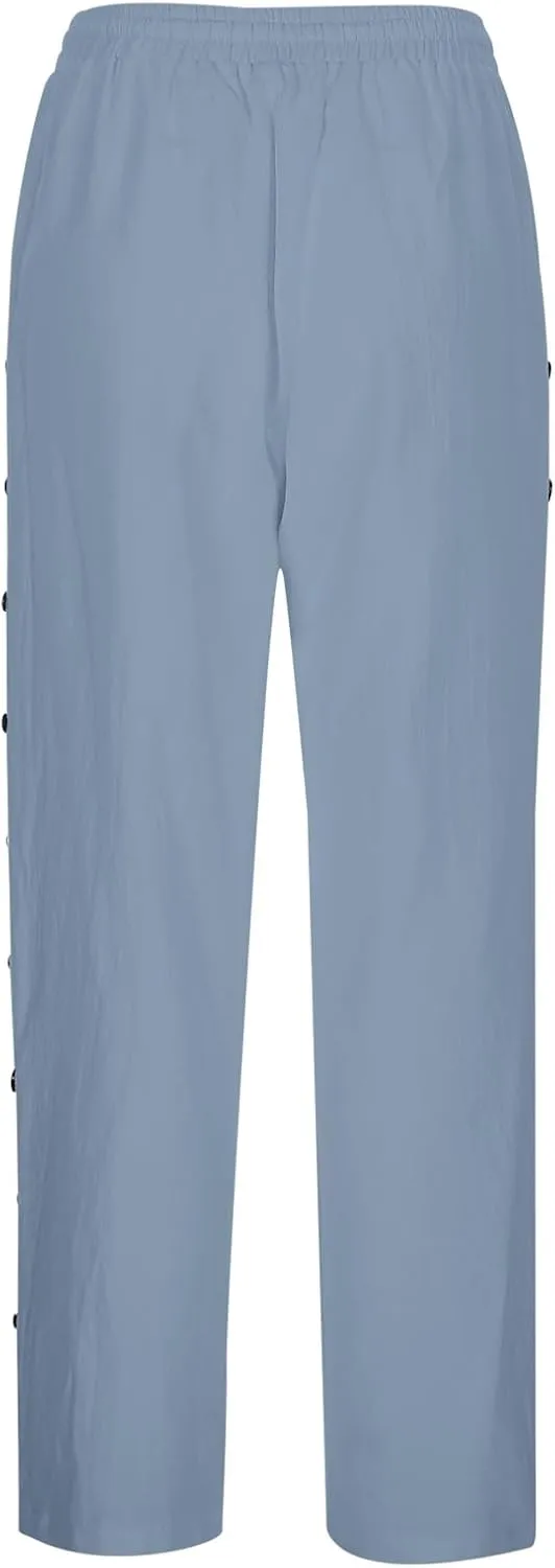 Linen Pants Women 2025 Summer Trendy Vacation Side Button Elastic Waist Straight Leg Capris Casual Cropped Trousers