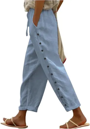 Linen Pants Women 2025 Summer Trendy Vacation Side Button Elastic Waist Straight Leg Capris Casual Cropped Trousers