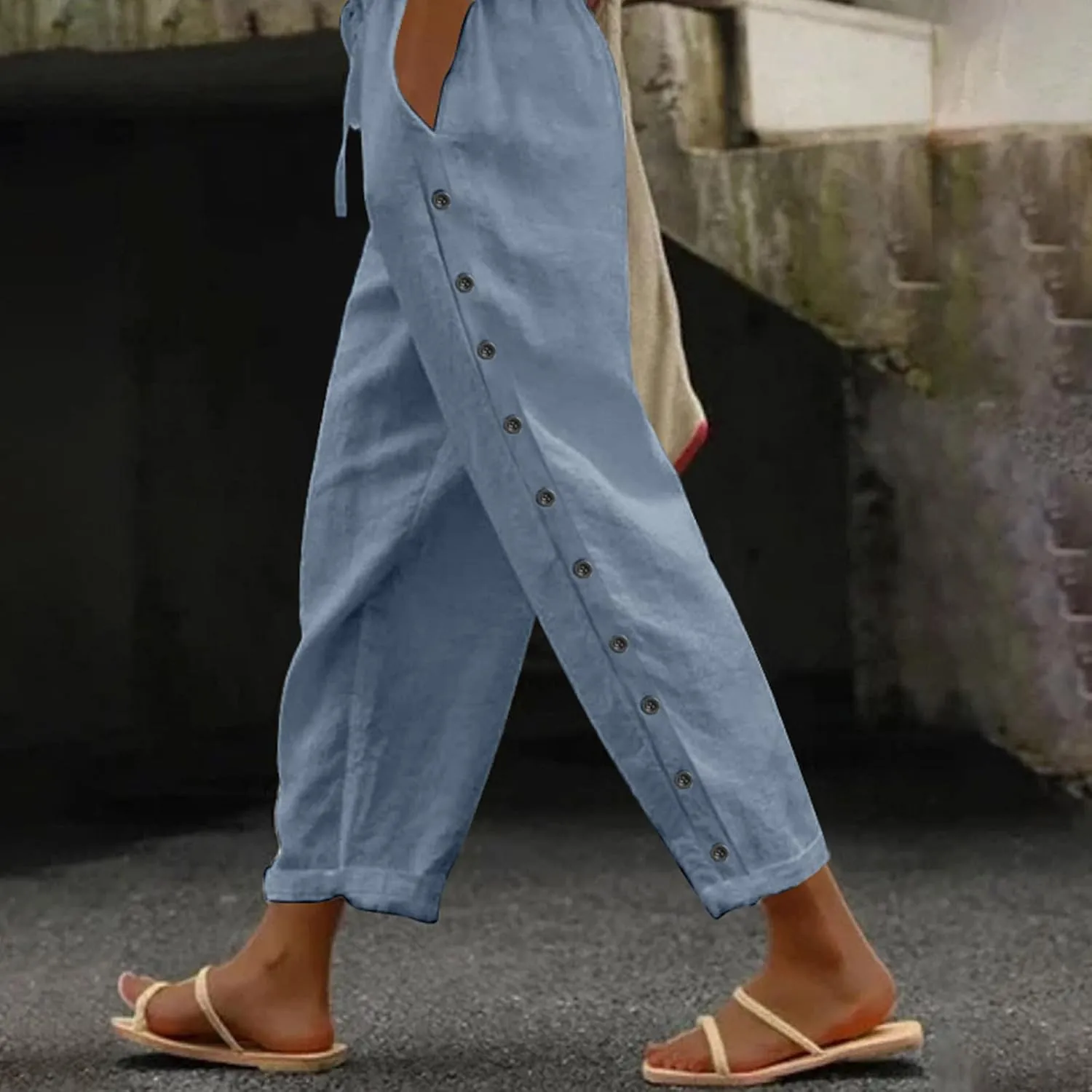Linen Pants Women 2025 Summer Trendy Vacation Side Button Elastic Waist Straight Leg Capris Casual Cropped Trousers