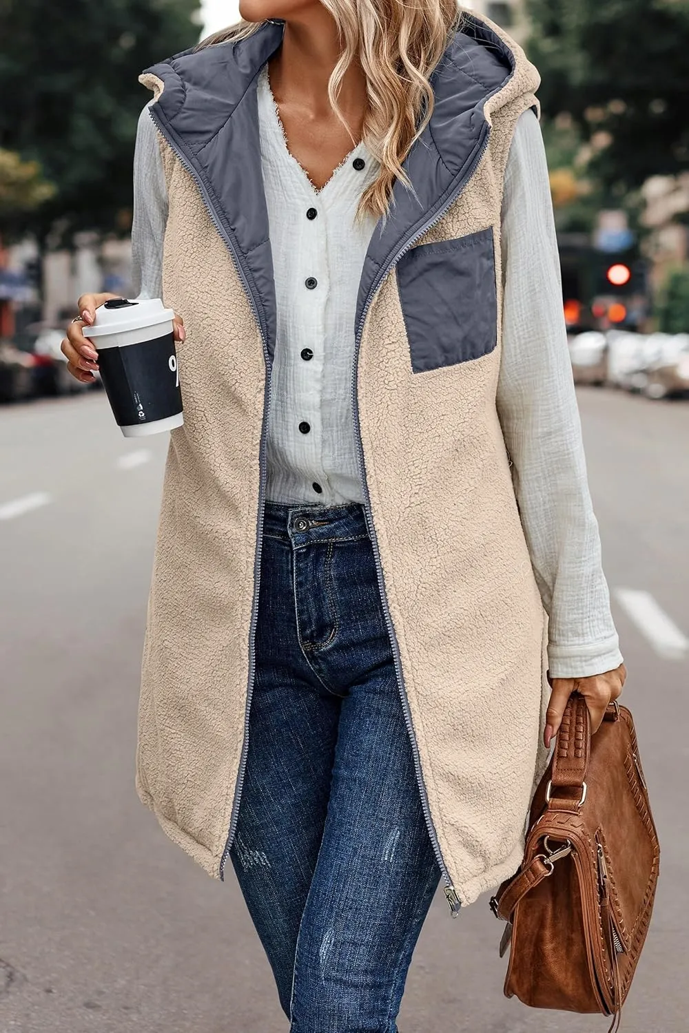 Long Puffer Jacket Womens Zip Up Hoodies Fleece Lined Puffer Vest Reversible Long Sleeve Coat Warm Winter Outwear