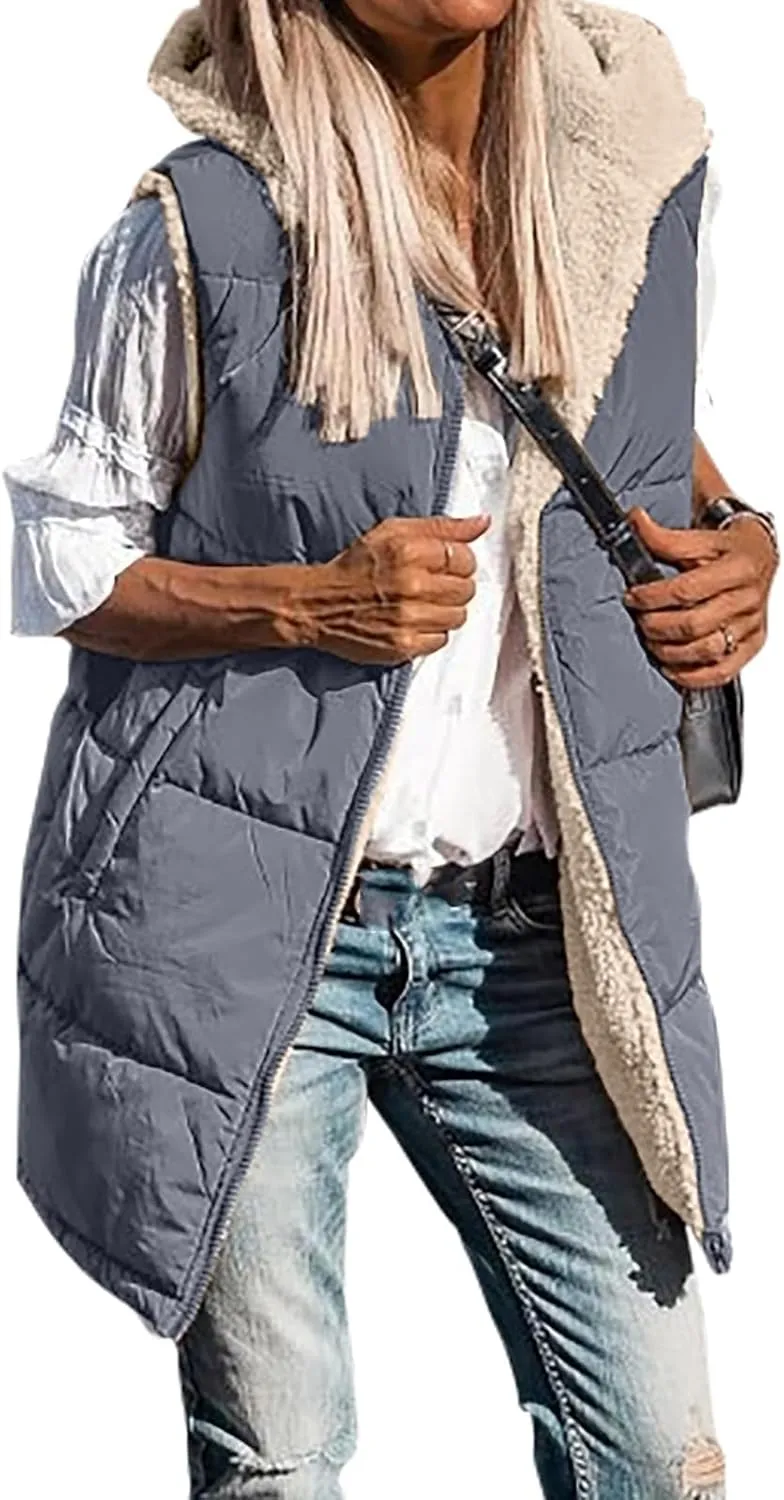 Long Puffer Jacket Womens Zip Up Hoodies Fleece Lined Puffer Vest Reversible Long Sleeve Coat Warm Winter Outwear