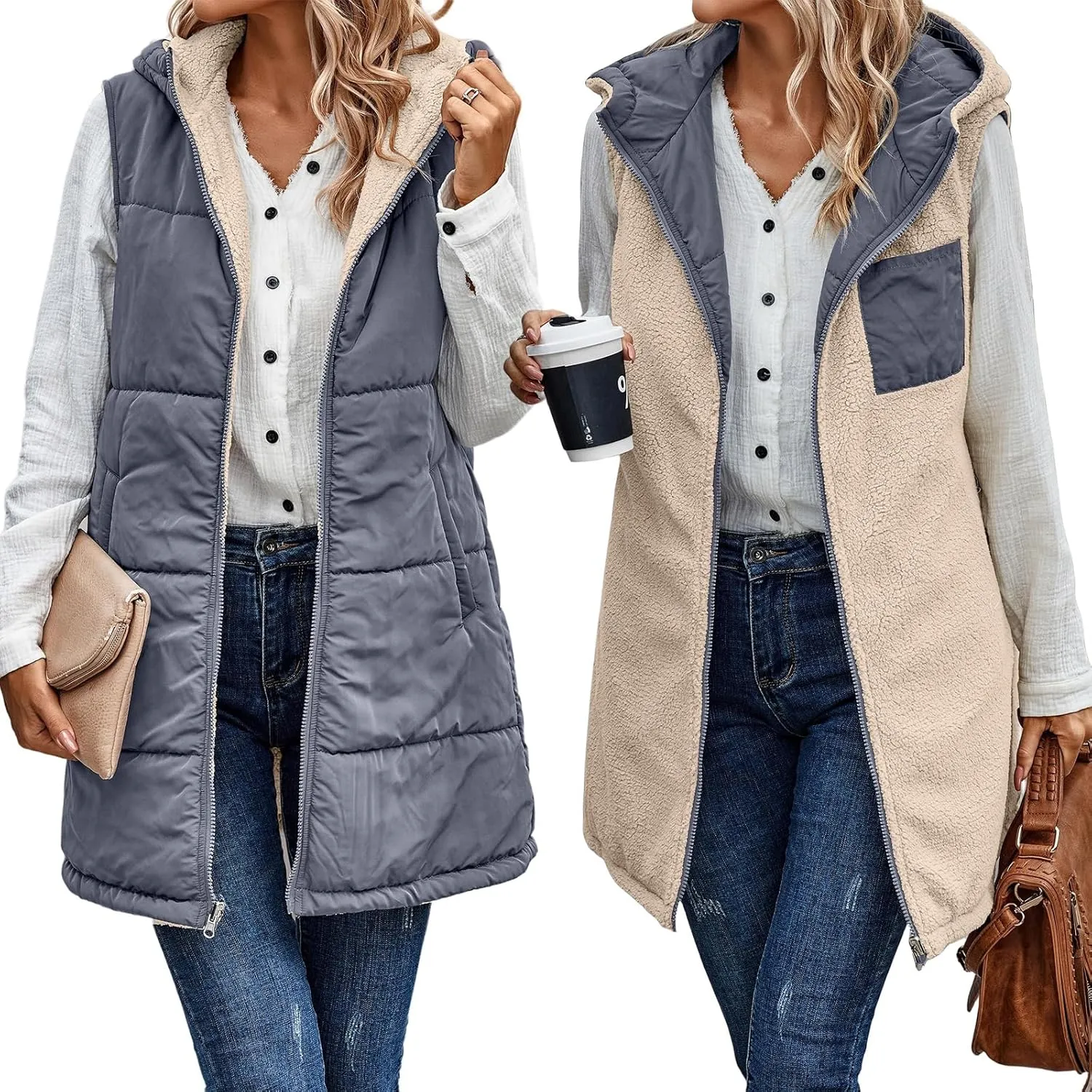 Long Puffer Jacket Womens Zip Up Hoodies Fleece Lined Puffer Vest Reversible Long Sleeve Coat Warm Winter Outwear