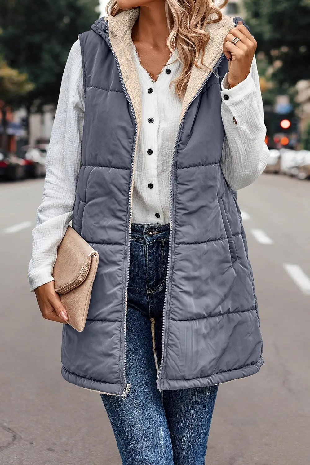 Long Puffer Jacket Womens Zip Up Hoodies Fleece Lined Puffer Vest Reversible Long Sleeve Coat Warm Winter Outwear