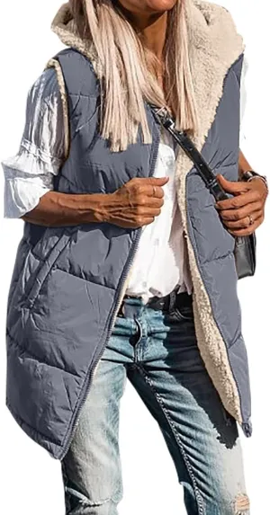 Long Puffer Jacket Womens Zip Up Hoodies Fleece Lined Puffer Vest Reversible Long Sleeve Coat Warm Winter Outwear