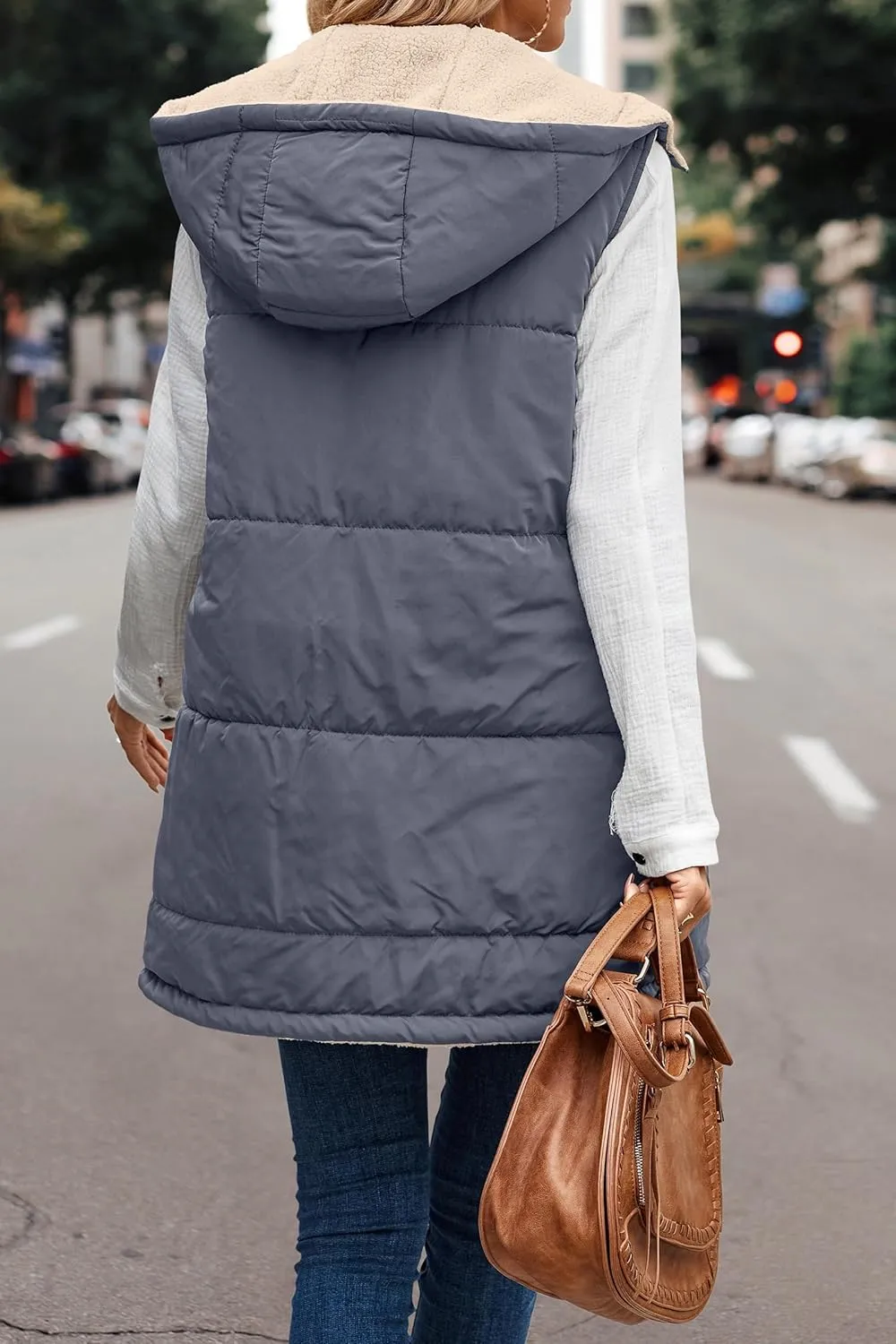 Long Puffer Jacket Womens Zip Up Hoodies Fleece Lined Puffer Vest Reversible Long Sleeve Coat Warm Winter Outwear