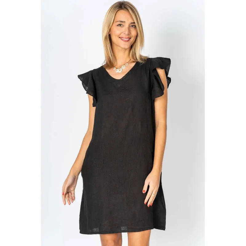 Look Mode Black Linen Breeze Sheath Dress With Ruffled Cap Sleeves