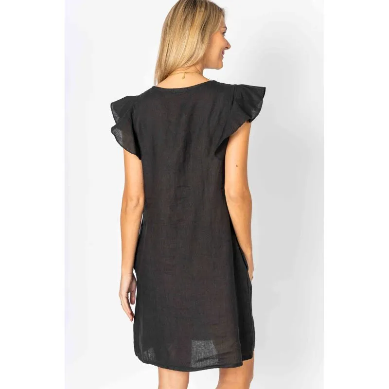 Look Mode Black Linen Breeze Sheath Dress With Ruffled Cap Sleeves