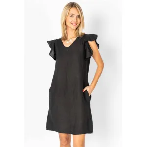 Look Mode Black Linen Breeze Sheath Dress With Ruffled Cap Sleeves