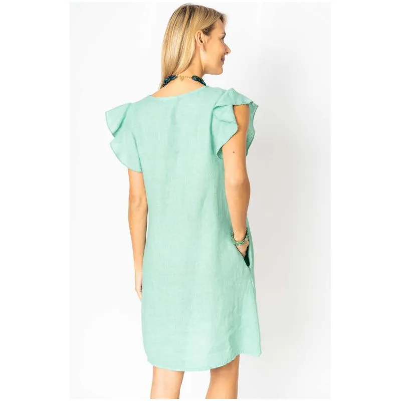 Look Mode Seafoam Linen Breeze Sheath Dress With Ruffled Cap Sleeves