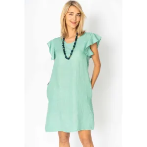 Look Mode Seafoam Linen Breeze Sheath Dress With Ruffled Cap Sleeves