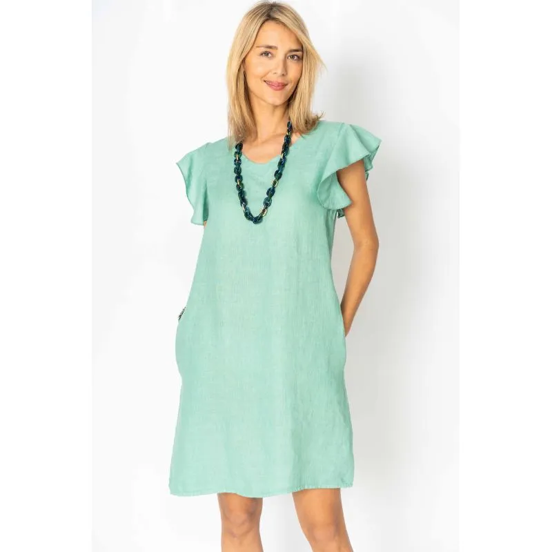Look Mode Seafoam Linen Breeze Sheath Dress With Ruffled Cap Sleeves
