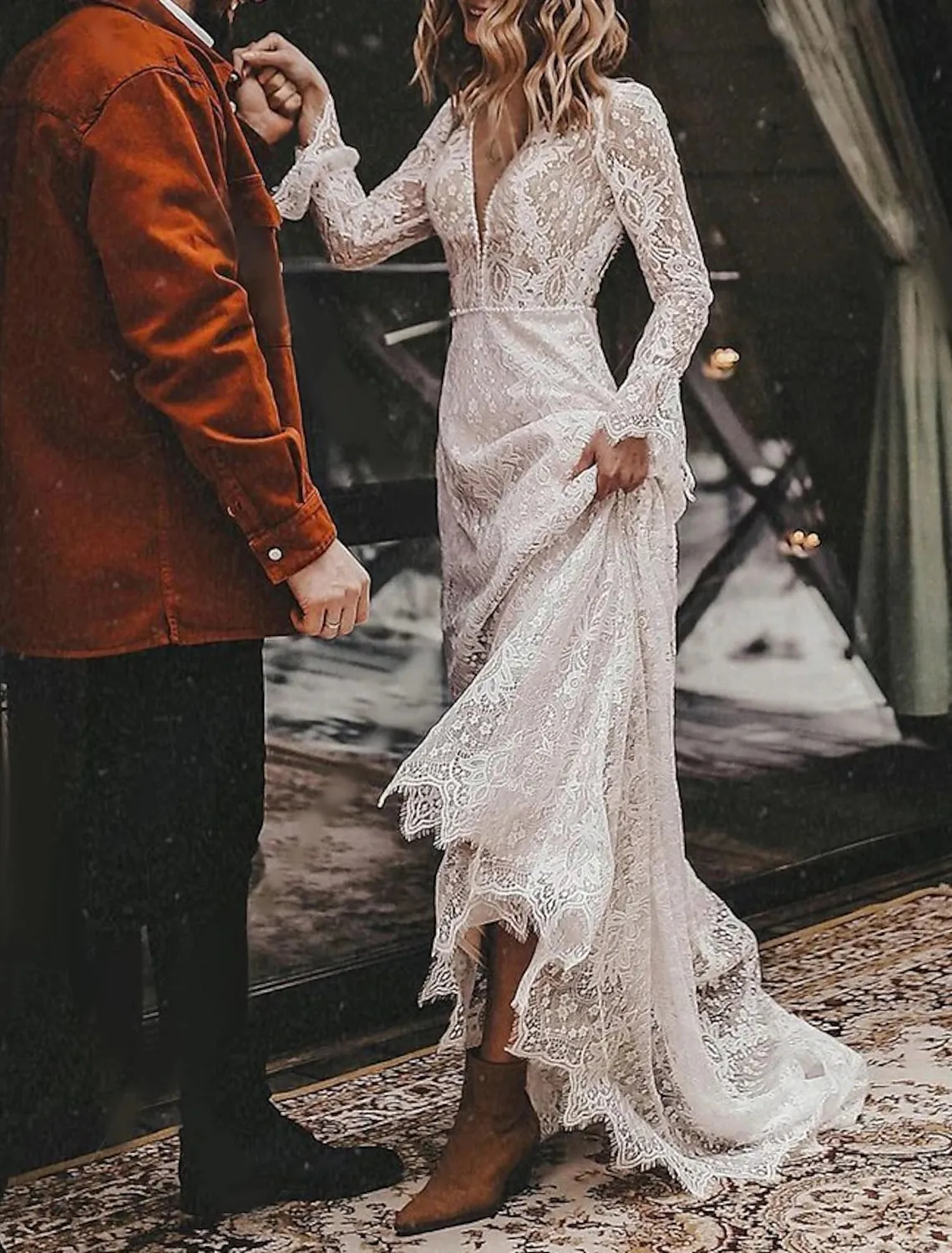 Luolandi A-Line Fall Wedding Dresses Ankle Length Vintage Little White Dresses Long Sleeve V Neck Chiffon Outdoor Bridal Gowns