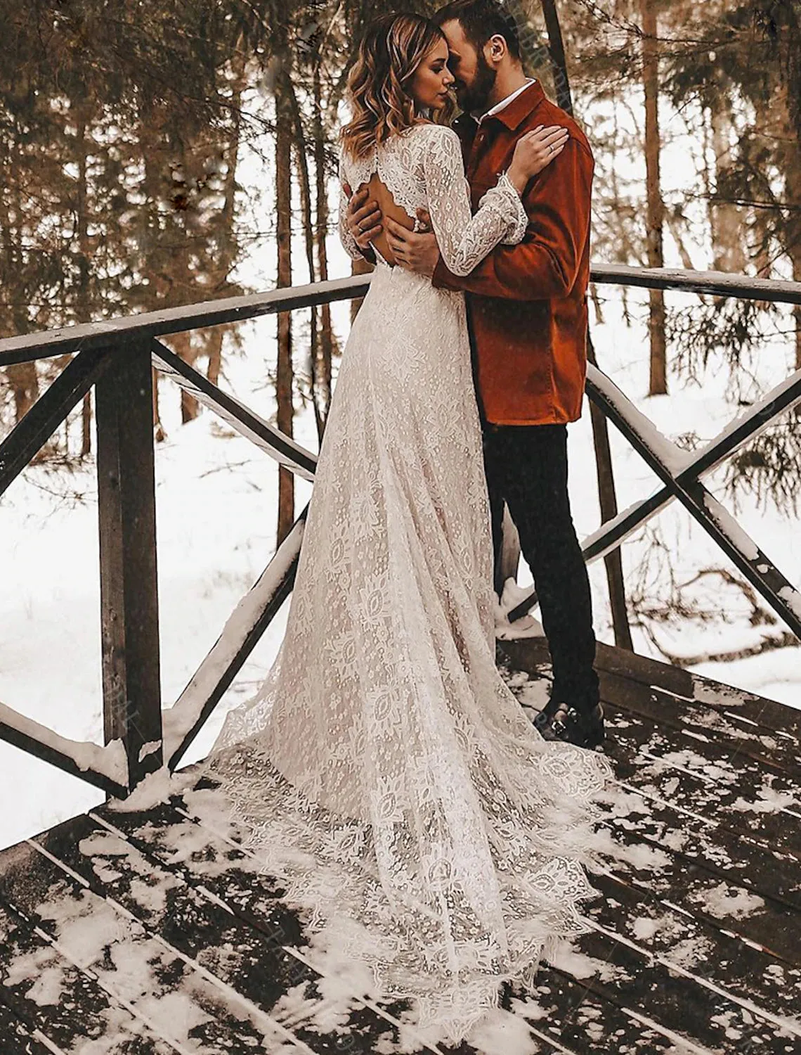 Luolandi A-Line Fall Wedding Dresses Ankle Length Vintage Little White Dresses Long Sleeve V Neck Chiffon Outdoor Bridal Gowns