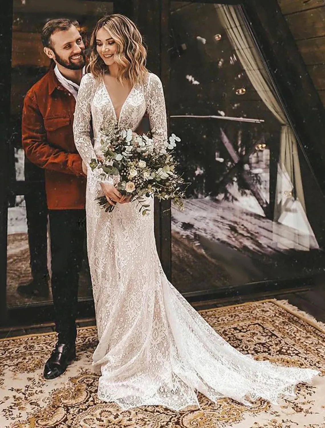 Luolandi A-Line Fall Wedding Dresses Ankle Length Vintage Little White Dresses Long Sleeve V Neck Chiffon Outdoor Bridal Gowns
