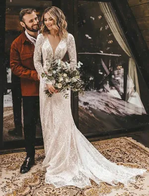 Luolandi A-Line Fall Wedding Dresses Ankle Length Vintage Little White Dresses Long Sleeve V Neck Chiffon Outdoor Bridal Gowns