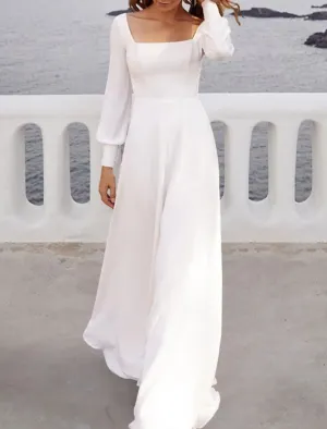 Luolandi Beach Simple Wedding Dresses A-Line Square Neck Long Sleeve Sweep / Brush Train Chiffon Bridal Gowns With Solid Color