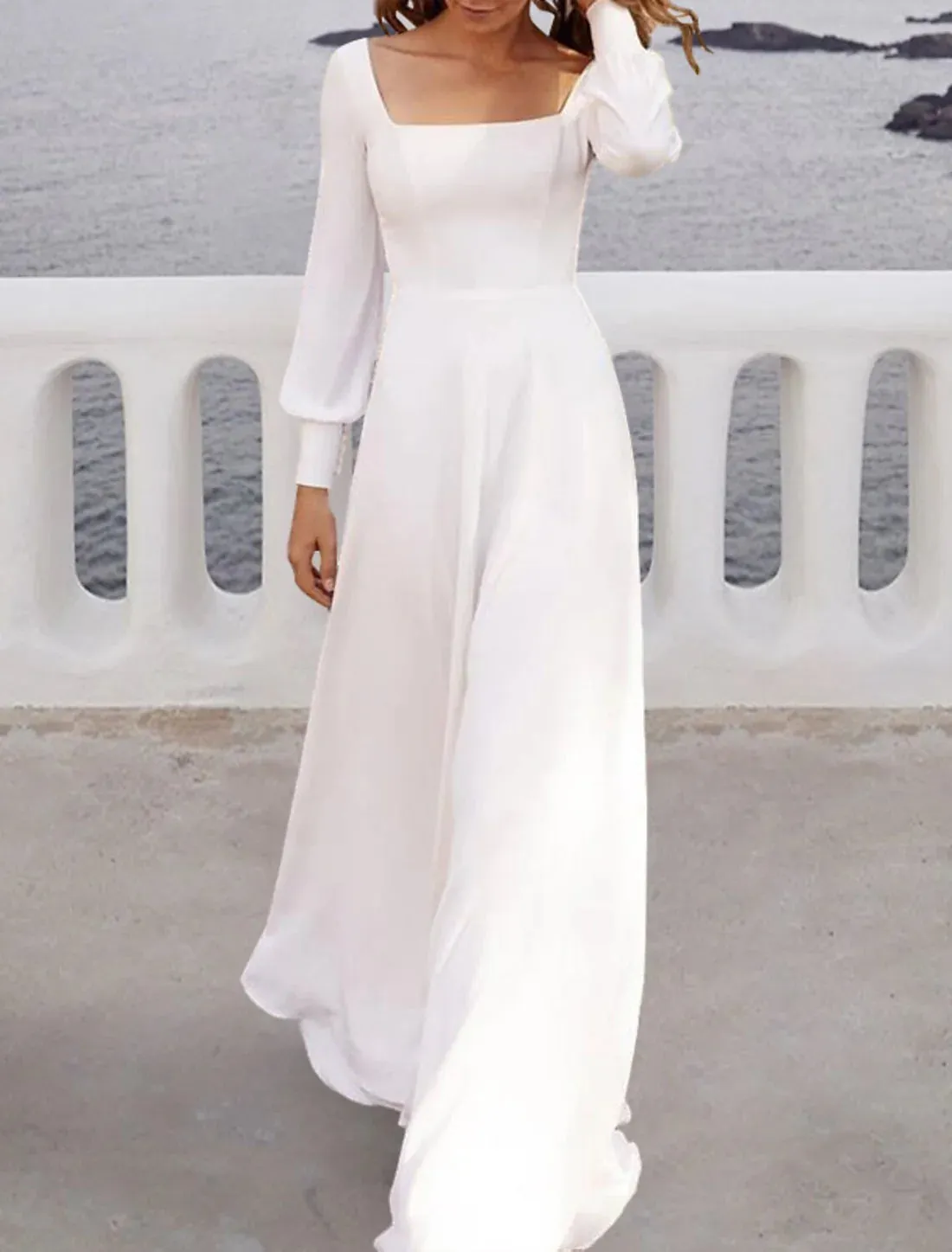 Luolandi Beach Simple Wedding Dresses A-Line Square Neck Long Sleeve Sweep / Brush Train Chiffon Bridal Gowns With Solid Color