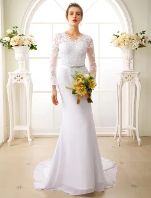 Luolandi Engagement Open Back Formal Wedding Dresses Mermaid / Trumpet Illusion Neck Long Sleeve Court Train Chiffon Bridal Gowns With Sash