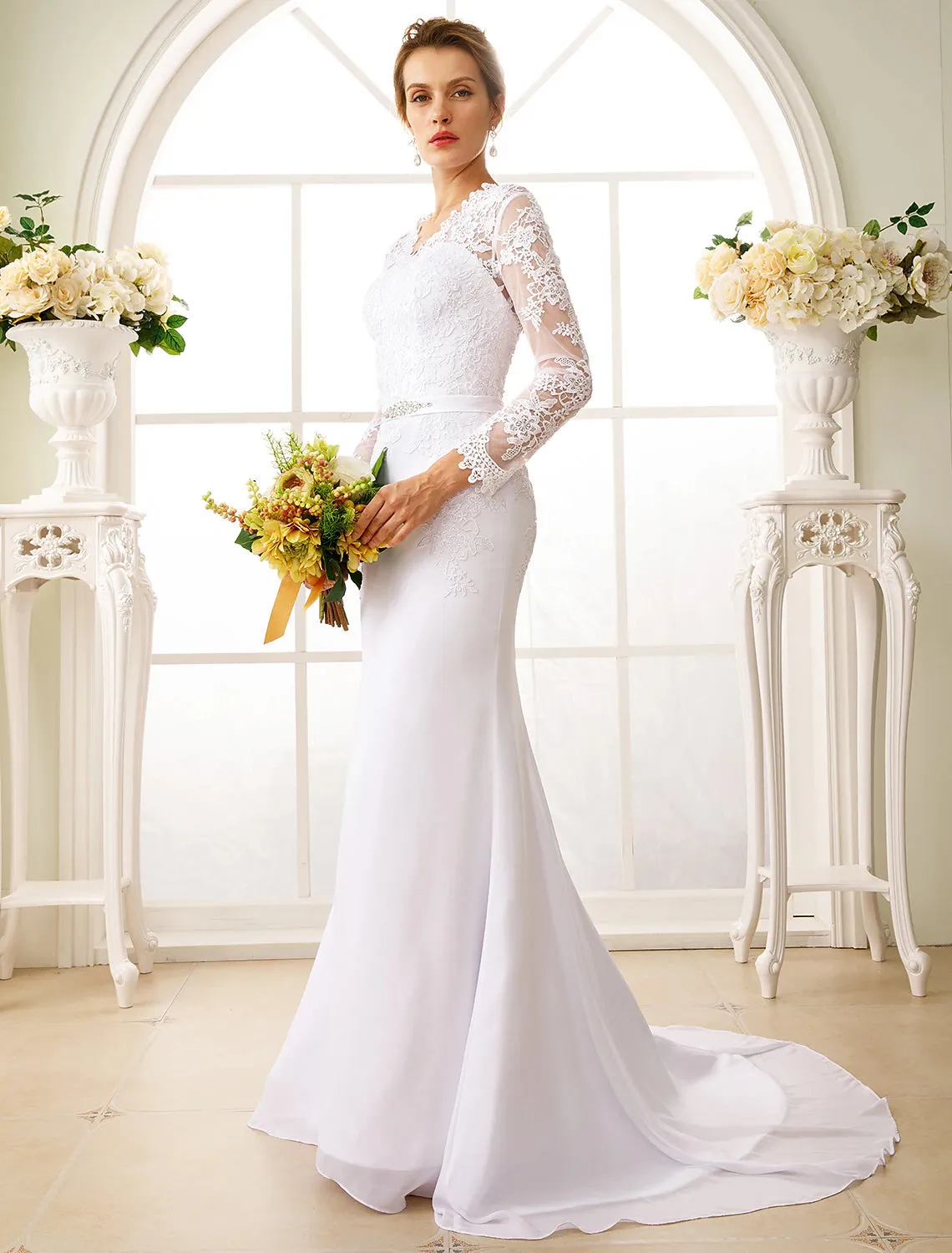 Luolandi Engagement Open Back Formal Wedding Dresses Mermaid / Trumpet Illusion Neck Long Sleeve Court Train Chiffon Bridal Gowns With Sash