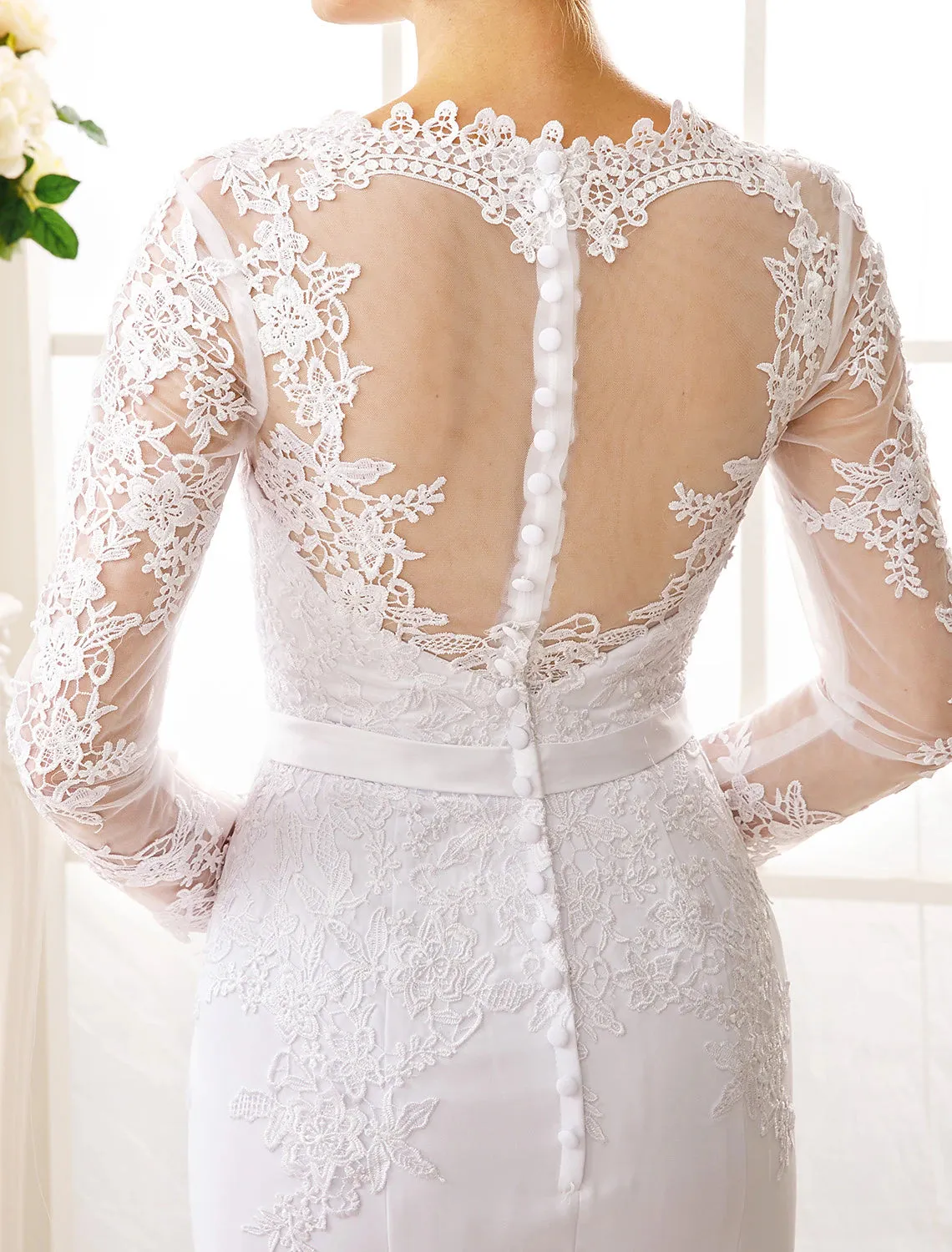 Luolandi Engagement Open Back Formal Wedding Dresses Mermaid / Trumpet Illusion Neck Long Sleeve Court Train Chiffon Bridal Gowns With Sash