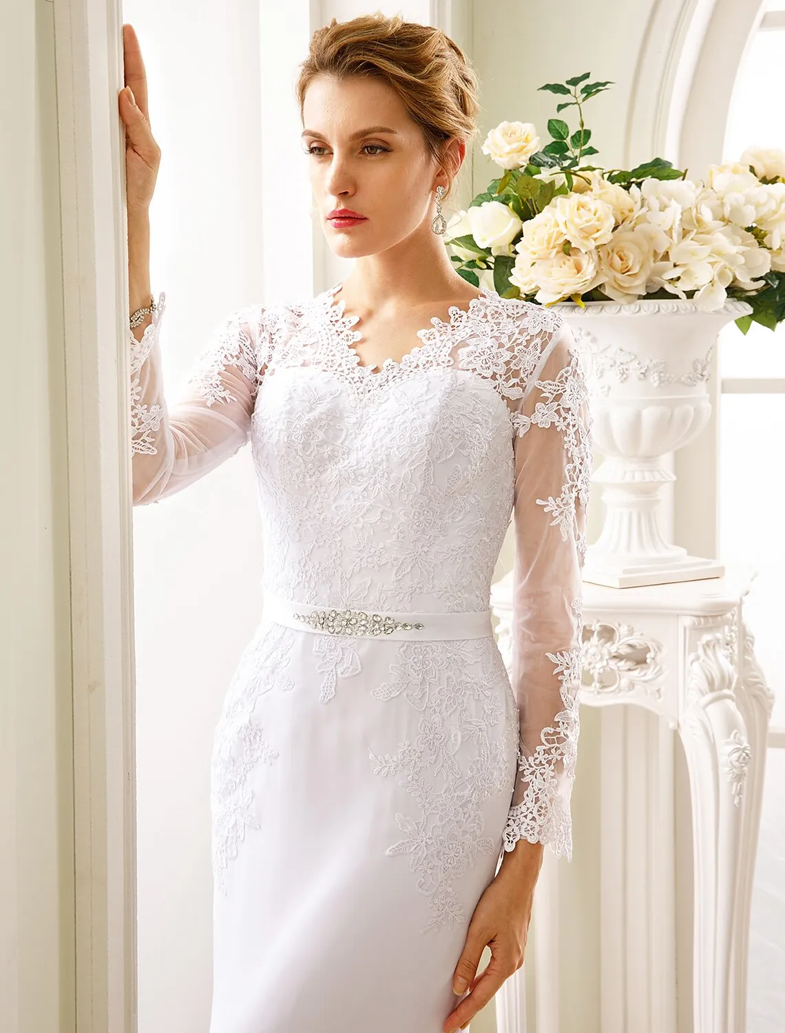 Luolandi Engagement Open Back Formal Wedding Dresses Mermaid / Trumpet Illusion Neck Long Sleeve Court Train Chiffon Bridal Gowns With Sash