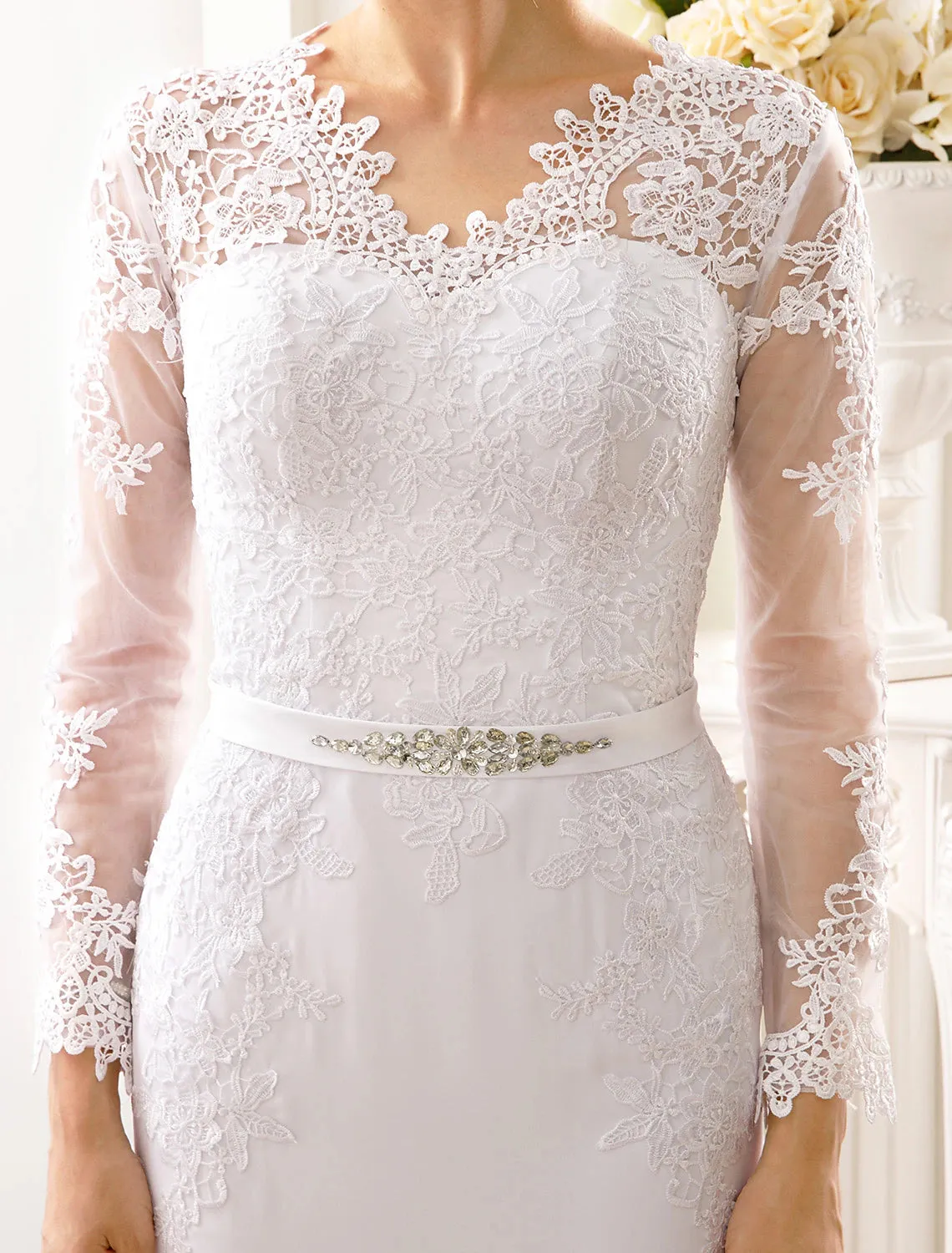 Luolandi Engagement Open Back Formal Wedding Dresses Mermaid / Trumpet Illusion Neck Long Sleeve Court Train Chiffon Bridal Gowns With Sash