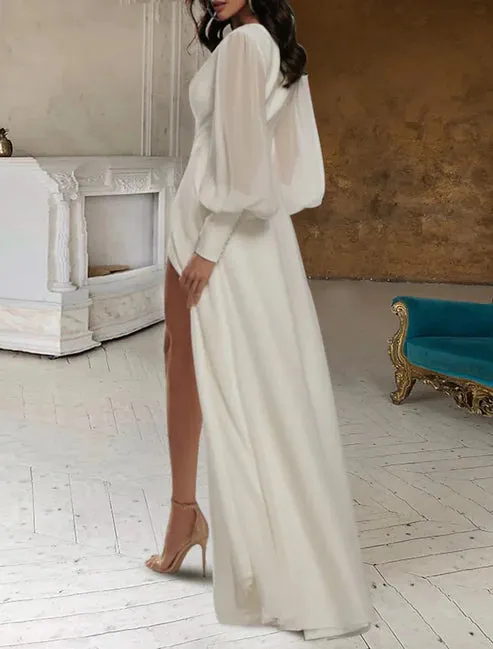 Luolandi Hall Casual Wedding Dresses A-Line V Neck Long Sleeve Floor Length Chiffon Bridal Gowns With Split