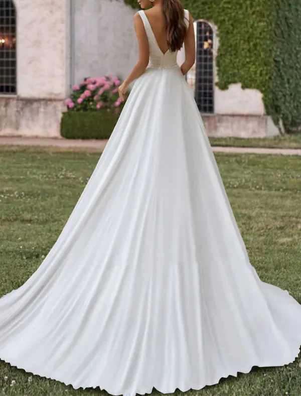 Luolandi Hall Simple Wedding Dresses A-Line V Neck Sleeveless Sweep / Brush Train Chiffon Bridal Gowns With Pleats Pearls Sexy