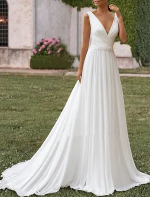 Luolandi Hall Simple Wedding Dresses A-Line V Neck Sleeveless Sweep / Brush Train Chiffon Bridal Gowns With Pleats Pearls Sexy