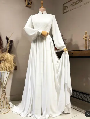 Luolandi Hall Vintage 1940s / 1950s Casual Fall Wedding Dresses A-Line High Neck Long Sleeve Court Train Chiffon Bridal Gowns With Pleats Solid