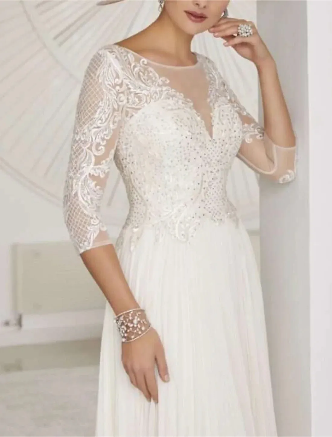 Luolandi Little White Dresses Formal Wedding Dresses A-Line Boat Neck 3/4 Length Sleeve Tea Length Chiffon Bridal Gowns With Pleats Beading Elegant