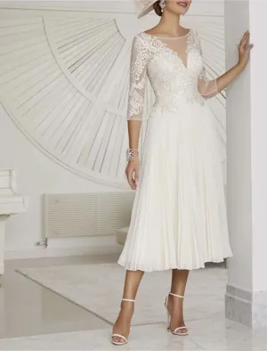 Luolandi Little White Dresses Formal Wedding Dresses A-Line Boat Neck 3/4 Length Sleeve Tea Length Chiffon Bridal Gowns With Pleats Beading Elegant