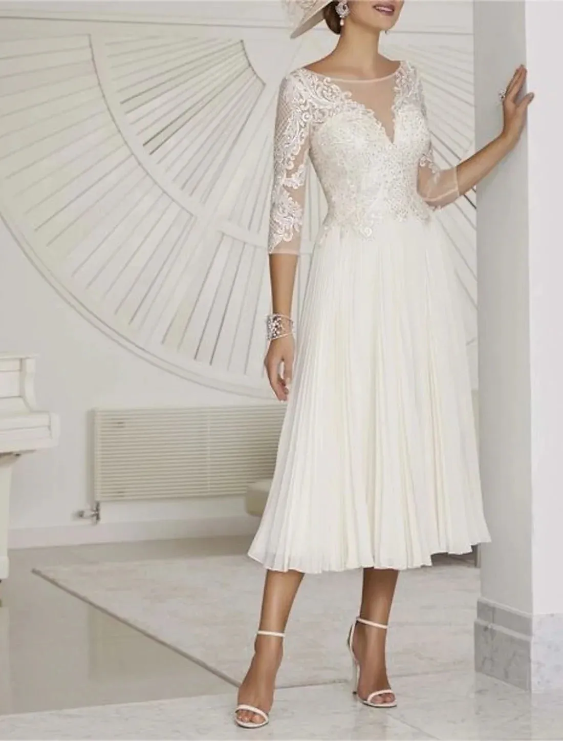Luolandi Little White Dresses Formal Wedding Dresses A-Line Boat Neck 3/4 Length Sleeve Tea Length Chiffon Bridal Gowns With Pleats Beading Elegant
