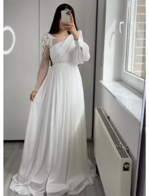 Luolandi Little White Dresses Wedding Dresses A-Line Boat Neck Long Sleeve Floor Length Chiffon Bridal Gowns With Pleats
