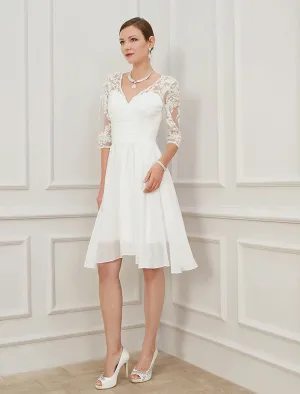 Luolandi Reception Little White Dresses Wedding Dresses A-Line V Neck Half Sleeve Knee Length Chiffon Bridal Gowns With Draping