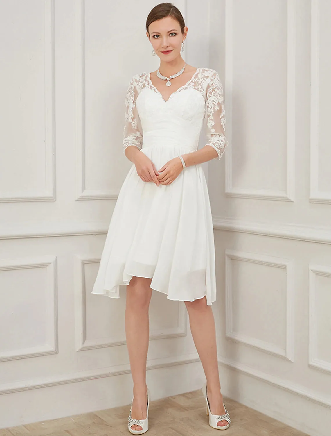Luolandi Reception Little White Dresses Wedding Dresses A-Line V Neck Half Sleeve Knee Length Chiffon Bridal Gowns With Draping