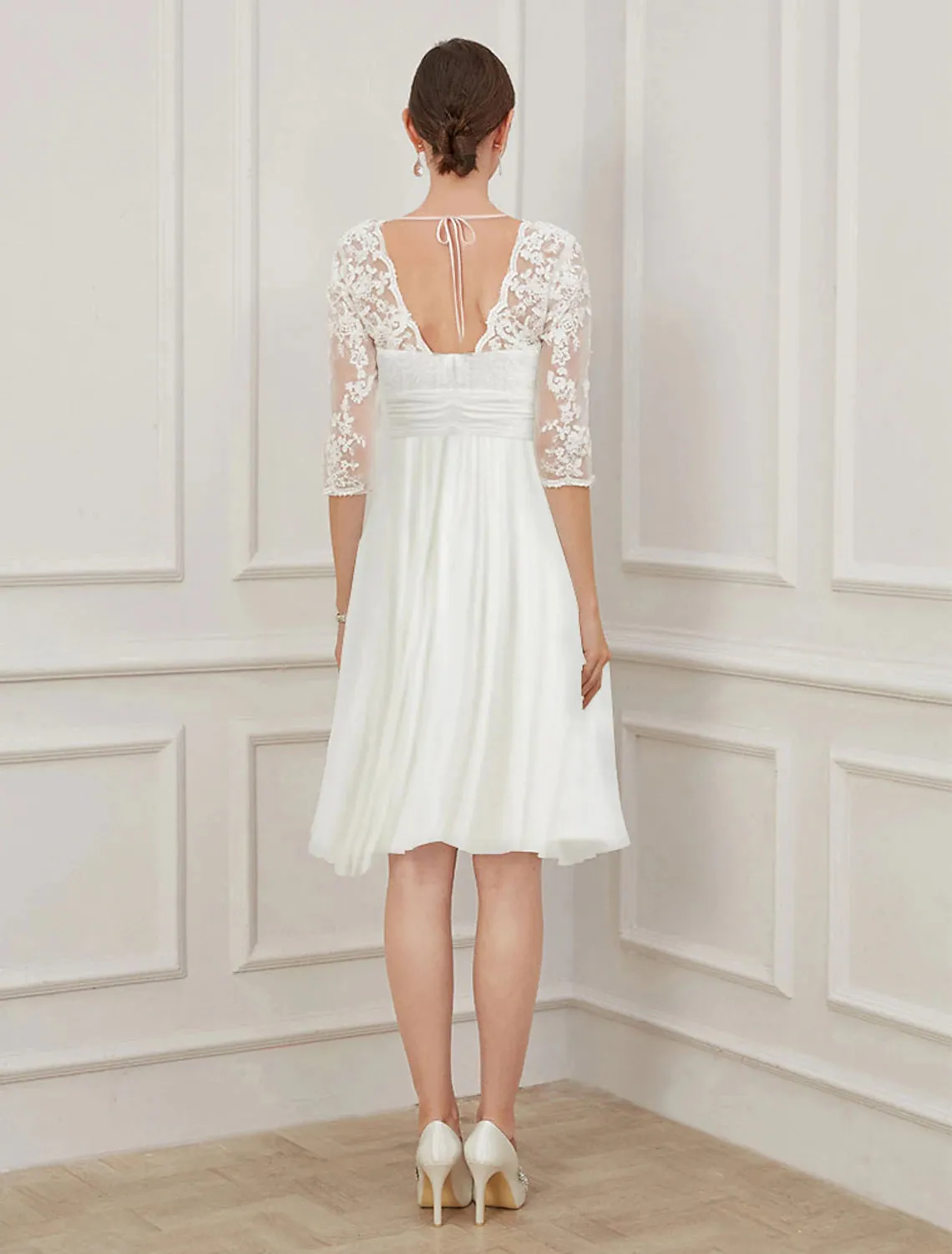 Luolandi Reception Little White Dresses Wedding Dresses A-Line V Neck Half Sleeve Knee Length Chiffon Bridal Gowns With Draping