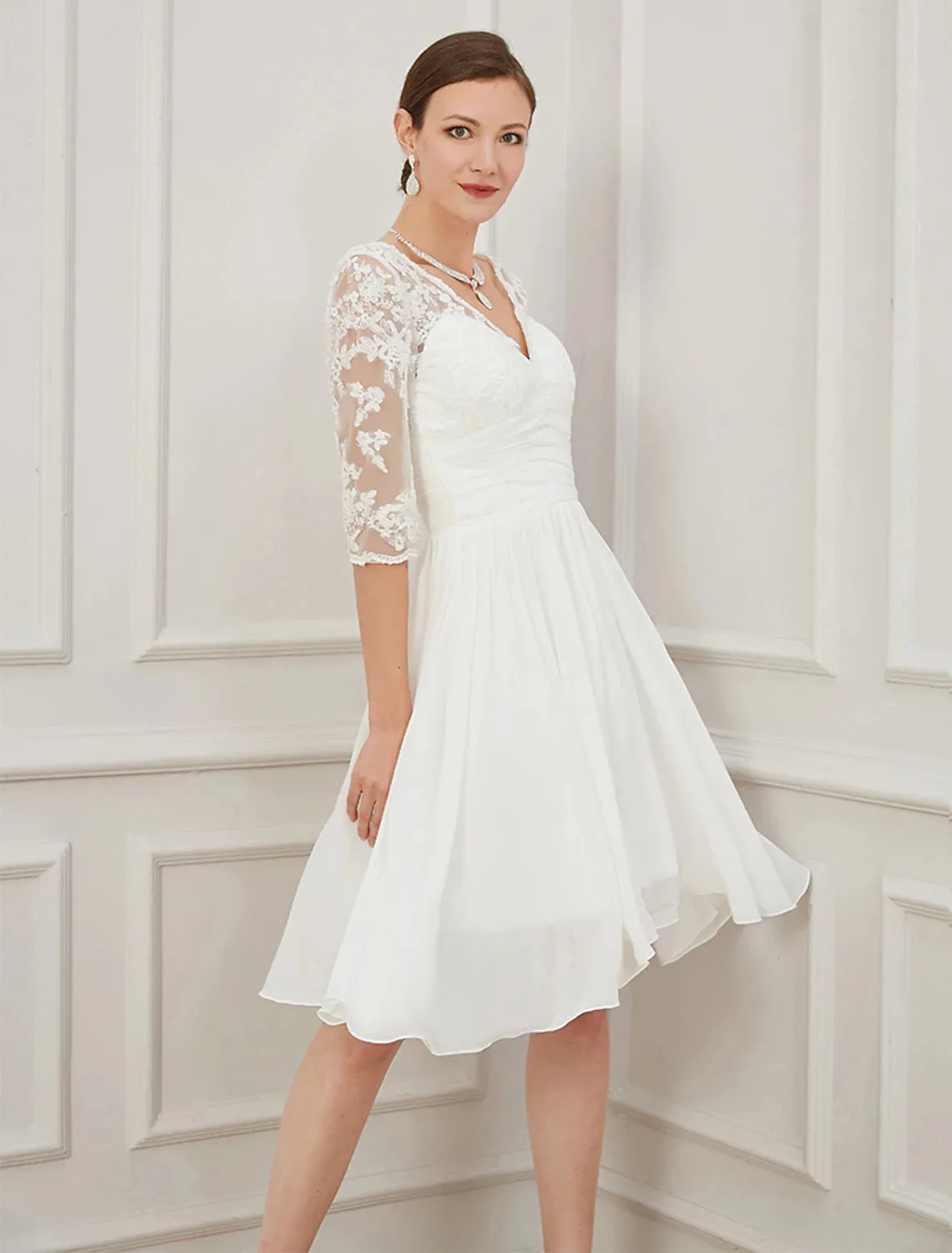 Luolandi Reception Little White Dresses Wedding Dresses A-Line V Neck Half Sleeve Knee Length Chiffon Bridal Gowns With Draping
